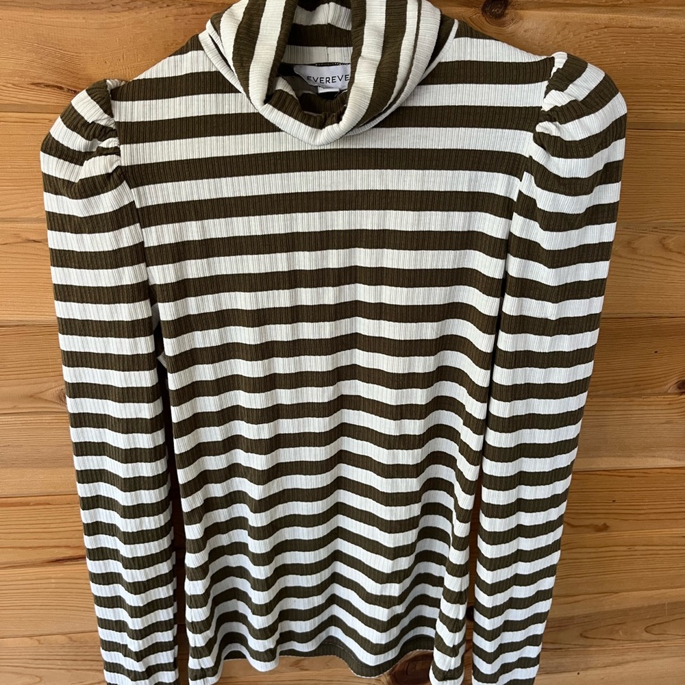Evereve Olive Green White Stripped Ribbed Turtleneck with Puffed Sleeves Small